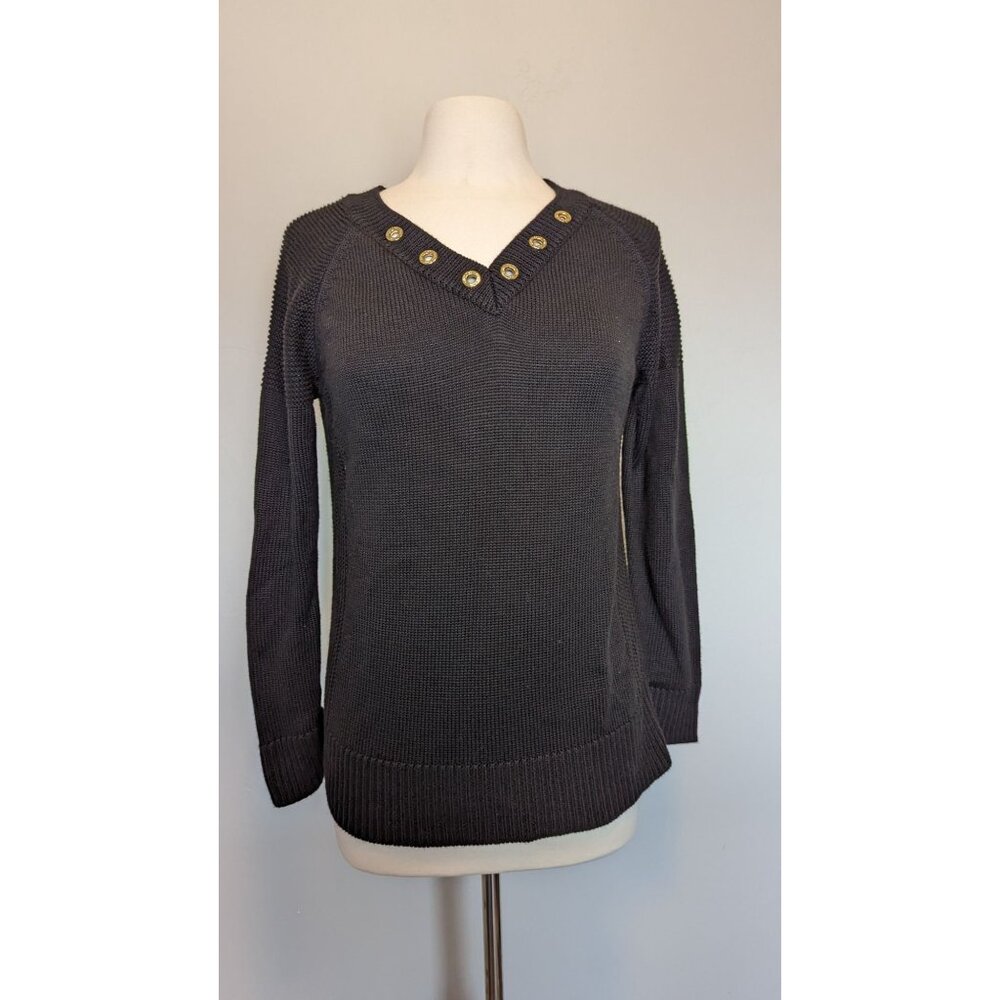 Calvin Klein Black Knit Sweater W/ Button Detail V-Neck Medium Preppy